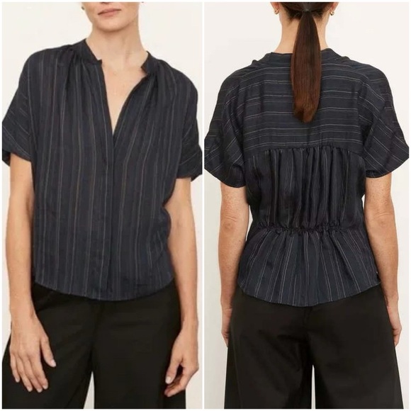 Vince Tops - Vince Women's XS Navy Blue Striped Drapey Short Sleeve Shirred Top